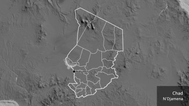 Çad sınır bölgesine ve bölgesel sınırlarına bir bileklik haritasında yakın plan. Ana nokta. Ülke çapında bir taslak oluşturun. Ülkenin ve başkentinin İngilizce adı