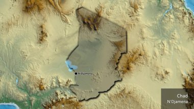 Chad sınır bölgesinin yakın çekimleri bir yardım haritasında koyu bir örtüyle vurgulanıyor. Ana nokta. Kırsal kesimin kıvrımlı kenarları. Ülkenin ve başkentinin İngilizce adı