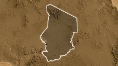 Çad sınır bölgesinin yakınından, sepia yükseklik haritasında koyu bir örtüyle vurgulanıyor. Ana nokta. Ülke çapında parıltı. 