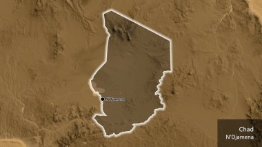 Çad sınır bölgesinin yakınından, sepia yükseklik haritasında koyu bir örtüyle vurgulanıyor. Ana nokta. Ülke çapında parıldıyor. Ülkenin ve başkentinin İngilizce adı
