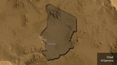 Çad sınır bölgesinin yakınından, sepia yükseklik haritasında koyu bir örtüyle vurgulanıyor. Ana nokta. Kırsal kesimin kıvrımlı kenarları. Ülkenin ve başkentinin İngilizce adı
