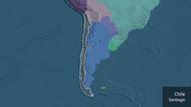 Şili sınır bölgesinin yakın çekimleri idari haritada koyu bir örtüyle vurgulanıyor. Ana nokta. Ülke çapında bir taslak oluşturun. Ülkenin ve başkentinin İngilizce adı