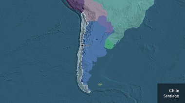 Şili sınır bölgesinin ve bölgesel sınırlarının bir idari harita üzerinde yakınlaştırılması. Ana nokta. Ülke çapında bir taslak oluşturun. Ülkenin ve başkentinin İngilizce adı