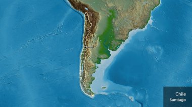 Şili sınırına ve bölgesel sınırlarına fiziksel bir harita üzerinde yakın plan. Ana nokta. Ülke çapında bir taslak oluşturun. Ülkenin ve başkentinin İngilizce adı