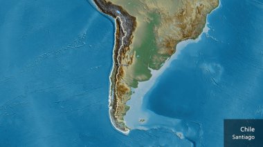 Şili sınır bölgesinin yakınlaştırılmış bir haritası. Ana nokta. Ülke çapında parıldıyor. Ülkenin ve başkentinin İngilizce adı