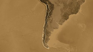 Bir sepia yükseklik haritasında Şili sınır bölgesinin yakın çekimleri. Ana nokta. Ülke çapında parıltı. 