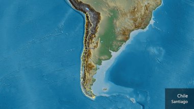 Şili sınırına ve bölgesel sınırlarına bir yardım haritasında yakın plan. Ana nokta. Ülke çapında bir taslak oluşturun. Ülkenin ve başkentinin İngilizce adı