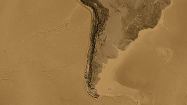 Bir sepia yükseklik haritasında Şili sınır bölgesinin yakın çekimleri. Ana nokta. Ülkenin kıvrımlı kenarları. 