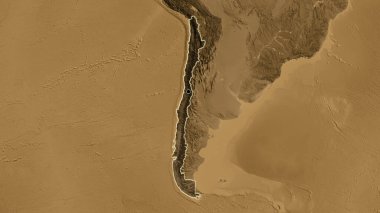 Şili sınır bölgesinin yakınından, sepia yükseklik haritasında koyu bir örtüyle vurgulanıyor. Ana nokta. Ülke çapında parıltı. 