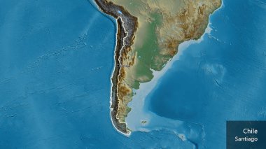 Şili sınır bölgesinin yakın çekimleri bir yardım haritasında koyu bir örtüyle vurgulanıyor. Ana nokta. Ülke çapında parıldıyor. Ülkenin ve başkentinin İngilizce adı