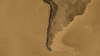 Şili sınır bölgesinin yakınından, sepia yükseklik haritasında koyu bir örtüyle vurgulanıyor. Ana nokta. Ülke şekli etrafında özet geç. 