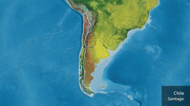 Bir topografik haritada Şili sınır bölgesinin yakın çekimleri. Ana nokta. Ülke çapında bir taslak oluşturun. Ülkenin ve başkentinin İngilizce adı