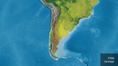 Şili sınırına ve bölgesel sınırlarına bir topoğrafik haritada yakın plan. Ana nokta. Ülke çapında bir taslak oluşturun. Ülkenin ve başkentinin İngilizce adı