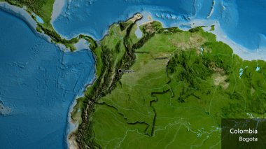 Kolombiya sınır bölgesinin uydu haritasında yakın plan görüntüsü. Ana nokta. Kırsal kesimin kıvrımlı kenarları. Ülkenin ve başkentinin İngilizce adı