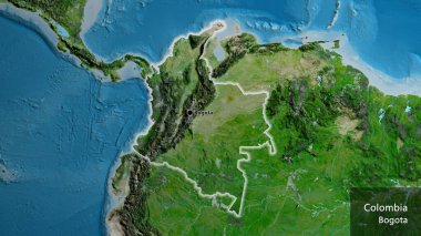 Kolombiya sınır bölgesinin uydu haritasında yakın plan görüntüsü. Ana nokta. Ülke çapında parıldıyor. Ülkenin ve başkentinin İngilizce adı