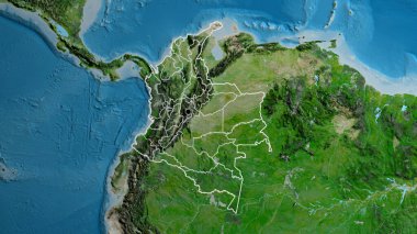 Kolombiya sınırına ve bölgesel sınırlarına bir uydu haritasında yakın plan. Ana nokta. Ülke şekli etrafında özet geç. 