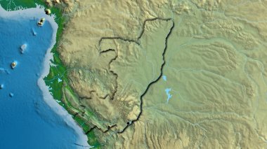 Kongo Cumhuriyeti sınırına fiziksel bir haritayla yakın plan. Ana nokta. Ülkenin kıvrımlı kenarları. 