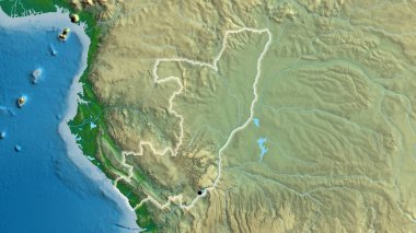 Kongo Cumhuriyeti sınırına fiziksel bir haritayla yakın plan. Ana nokta. Ülke çapında parıltı. 