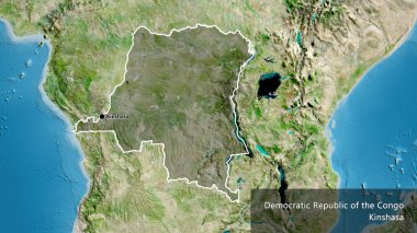 Demokratik Kongo Cumhuriyeti sınırına yakın çekim. Uydu haritasında koyu bir örtüyle vurgulanıyor. Ana nokta. Ülke çapında bir taslak oluşturun. Ülkenin ve başkentinin İngilizce adı