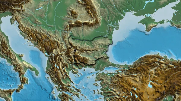 ブルガリア国境付近のクローズアップは 救援地図上の暗いオーバーレイで強調表示されます 資本ポイント 国の形の縁が隠されている — ストック写真