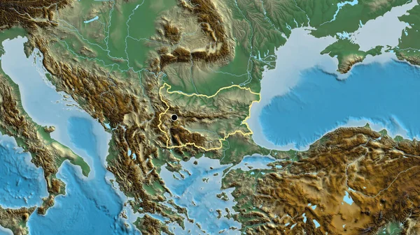 在一张救济地图上对保加利亚边境地区进行的密切监视 资本点 国家形貌概述 — 图库照片