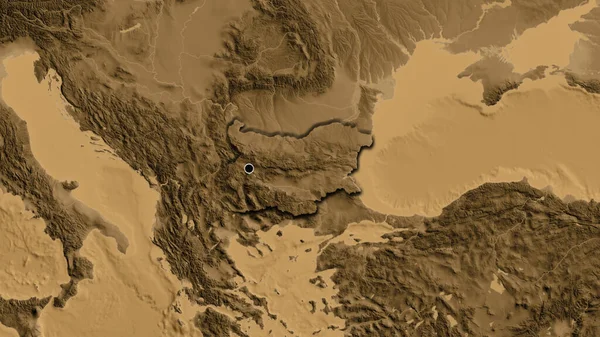 Detailní Záběr Pohraniční Oblasti Bulharska Mapě Nadmořské Výšky Sépie Fakt — Stock fotografie
