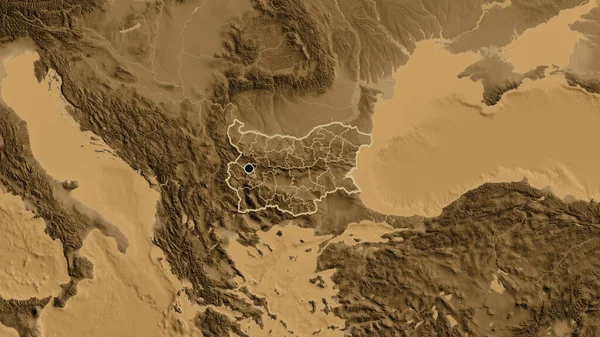 Крупный План Приграничной Зоны Болгарии Региональных Границ Карте Высоты Сепии — стоковое фото