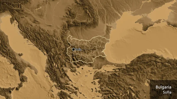 ブルガリア国境地域とその地域の境界線の近くには セピアの標高地図がある 資本ポイント 国の形の周りの概要 英名国とその首都 — ストック写真