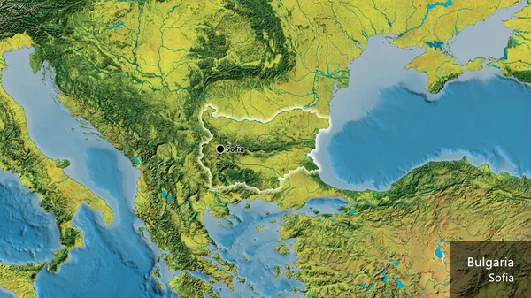 地形図上のブルガリア国境地帯の閉鎖 資本ポイント 国の形の周りに光る 英名国とその首都 — ストック写真