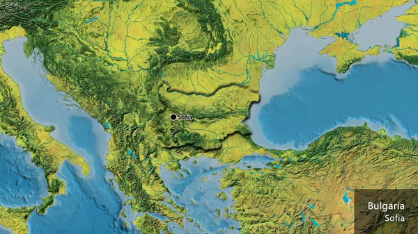保加利亚边境地区的特写镜头 用地形图上的黑暗阴影突出显示 资本点 这个国家的边缘呈斜角状 国家及其首都的英文名称 — 图库照片