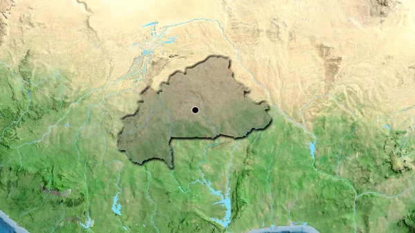 ブルキナファソ国境地帯のクローズアップは 衛星地図上の暗いオーバーレイで強調されています 資本ポイント 国の形の縁が隠されている — ストック写真