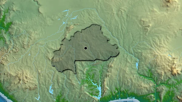 ブルキナファソ国境地帯のクローズアップは 物理的な地図上の暗いオーバーレイで強調されています 資本ポイント 国の形の縁が隠されている — ストック写真