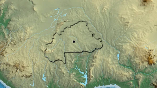 在一张救济地图上对布基纳法索边境地区进行了密切的调查 资本点 国家形状的斜边 — 图库照片