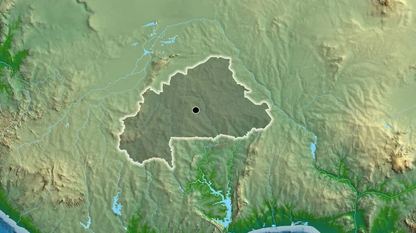 ブルキナファソ国境地帯のクローズアップは 物理的な地図上の暗いオーバーレイで強調されています 資本ポイント 全国に光る — ストック写真