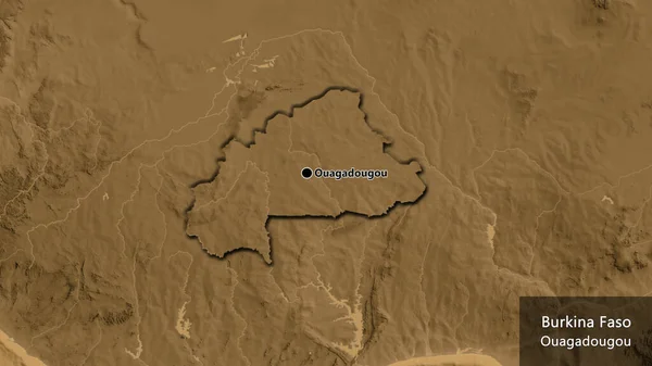 Närbild Burkina Faso Gränsområde Sepia Höjd Karta Huvudpunkt Skalade Kanter — Stockfoto