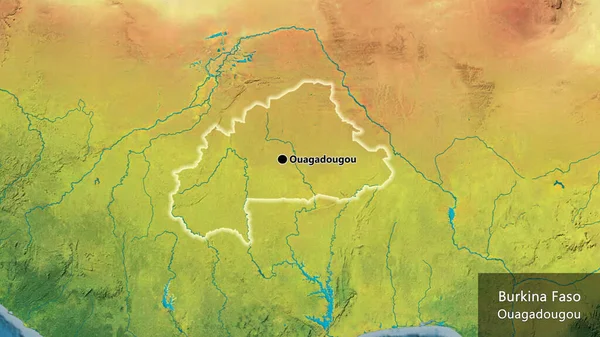 Närbild Burkina Fasos Gränsområde Topografisk Karta Huvudpunkt Glow Runt Landet — Stockfoto