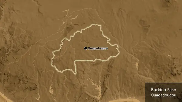 Närbild Burkina Faso Gränsområde Sepia Höjd Karta Huvudpunkt Glow Runt — Stockfoto
