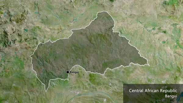 在中非共和国边境地区进行的近距离调查显示 卫星地图上有黑暗的阴影 资本点 概略地描述一下国家的面貌 国家及其首都的英文名称 — 图库照片