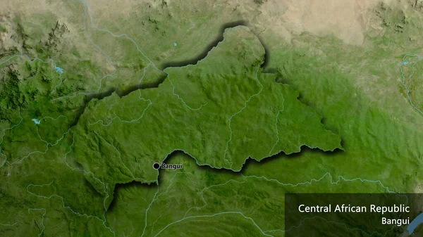 衛星地図上の中央アフリカ共和国国境地帯の閉鎖 資本ポイント 国の形の縁が隠されています 英名国とその首都 — ストック写真