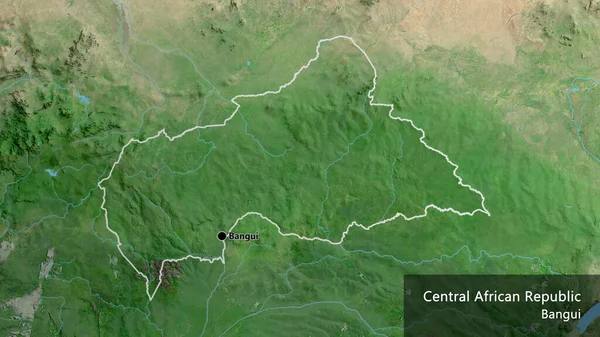 在卫星地图上对中非共和国边境地区进行了近距离调查 资本点 概略地描述一下国家的面貌 国家及其首都的英文名称 — 图库照片