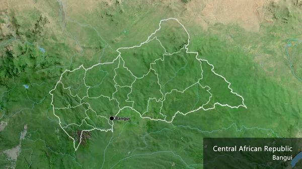 在卫星地图上对中非共和国边境地区及其区域边界进行了密切监视 资本点 概略地描述一下国家的面貌 国家及其首都的英文名称 — 图库照片