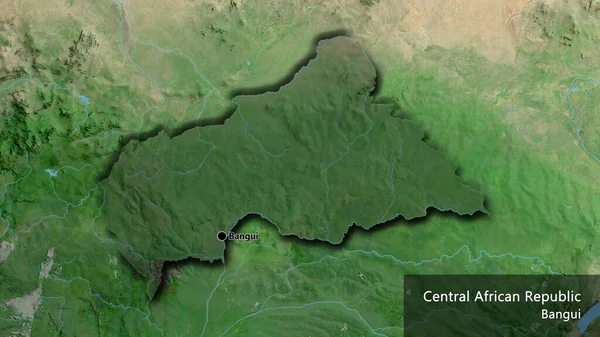 衛星地図上の暗いオーバーレイで強調中央アフリカ共和国国境地域のクローズアップ 資本ポイント 国の形の縁が隠されています 英名国とその首都 — ストック写真