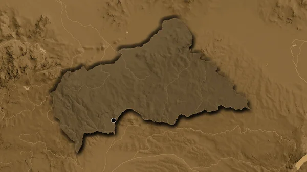 在中非共和国边境地区的特写镜头中 突出显示了黑色的黑幕覆盖在黑色的海拔地图上 资本点 国家形状的斜边 — 图库照片