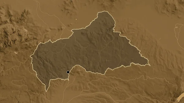 在中非共和国边境地区的特写镜头中 突出显示了黑色的黑幕覆盖在黑色的海拔地图上 资本点 国家形貌概述 — 图库照片