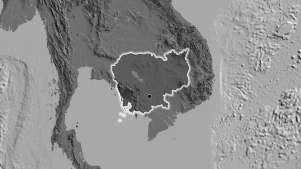 Zbliżenie Obszaru Przygranicznego Kambodży Ciemnymi Nakładkami Mapę Dwupoziomową Główny Punkt — Zdjęcie stockowe