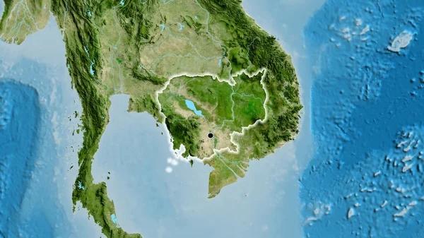 Primer Plano Zona Fronteriza Camboya Mapa Satelital Punto Capital Brillan —  Fotos de Stock