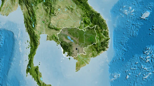 衛星地図上の暗いオーバーレイで強調カンボジア国境地域のクローズアップ 資本ポイント 全国の概要 — ストック写真