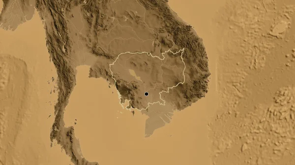 Närbild Kambodjas Gränsområde Karta Över Sepiahöjder Huvudpunkt Skissera Runt Landet — Stockfoto
