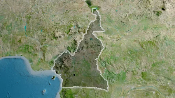カメルーン国境付近のクローズアップは 衛星地図上の暗いオーバーレイで強調表示されます 資本ポイント 全国に光る — ストック写真