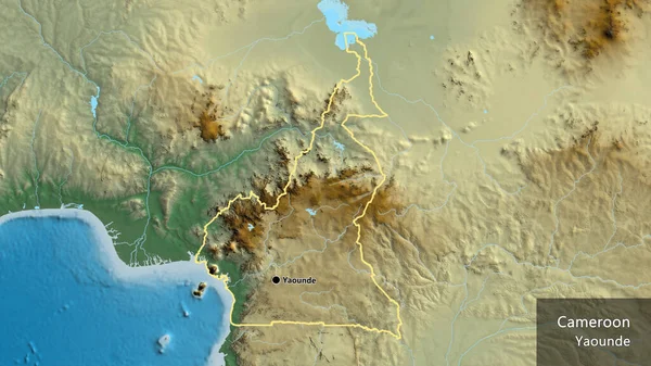 救援地図上のカメルーン国境地域の閉鎖 資本ポイント 国の形の周りの概要 英名国とその首都 — ストック写真